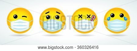 Emoji With Guard Mouth Mask. Yellow Smile Face With Wink, Sick, Crying And Surprised Emoticon Wearin