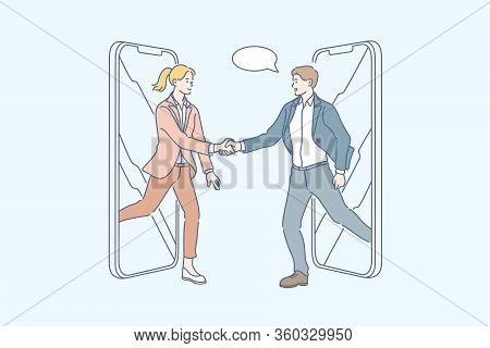 Partnership, Greeting, Business Meeting, Handshake, Transaction Concept. Young Businessman Woman Neg