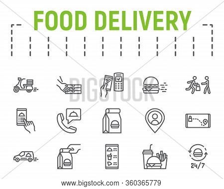 Food Delivery Line Icon Set, Fast Food Symbols Collection, Vector Sketches, Logo Illustrations, Food