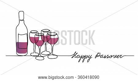 Wine Bottle And Four Wine Glasses Vector Illustration. Happy Passover, Jewish Holiday Pesach. One Co