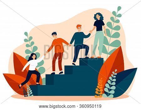 Happy Young Employees Giving Support And Help Each Other Flat Vector Illustration. Business Team Wor