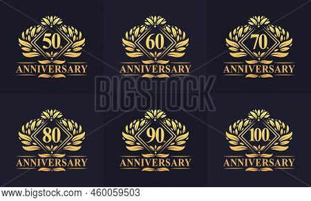 Vintage Retro Anniversary Logo Set. Luxurious Golden Anniversary Logo Bundle. 50th, 60th, 70th, 80th