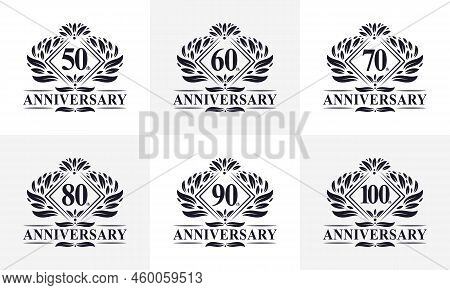 Vintage Retro Anniversary Logo Set. Luxurious Golden Anniversary Logo Bundle. 50th, 60th, 70th, 80th