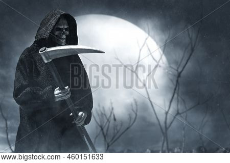 Grim Reaper Holding A Scythe On Graveyard Night