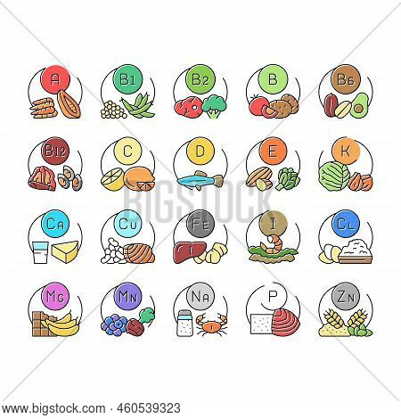 Vitamin Mineral Medical Complex Icons Set Vector. Healthy Vitamin C And A, Healthcare Extract With C