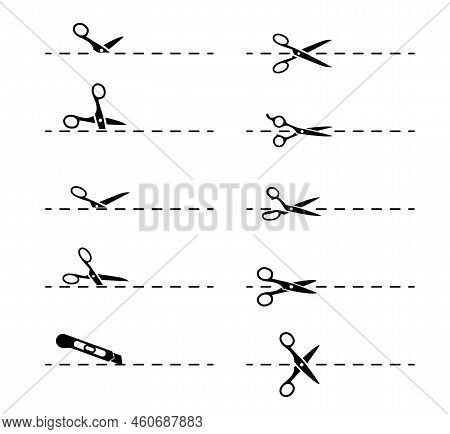 Cut Lines, Scissor, Utility Knife Cutting Lines, Vector Black Dash Icons. Cut Lines For Coupon Or Pa