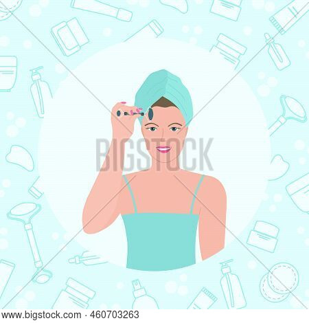 Vector Illustration Beauty Routine Procedures At Home. Woman Does Facial Massage With Massage Roller