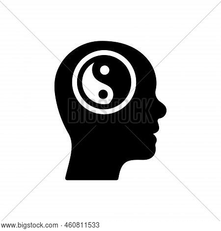 Yin Yang In Man Head Silhouette Icon. Yinyang In Human Brain Pictogram. Harmony, Unity, Balance Blac