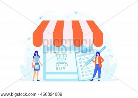 Woman Doing Purchases From Shopping List. Customer With Package, Buying Goods. Purchase Agreement, I