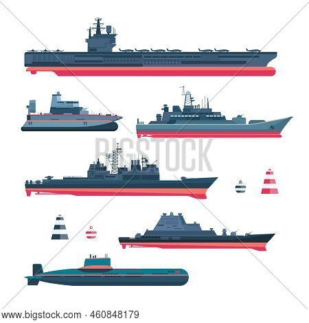 Militaristic Ships Icons Set. Navy Ammunition, Warship And Submarine, Nuclear Battleship, Float And 