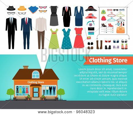 Clothing store. Set of clothes and building