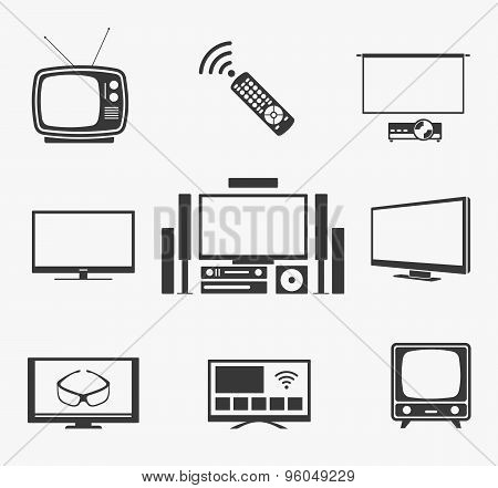 Retro TV flat screen, home theater and smart icons