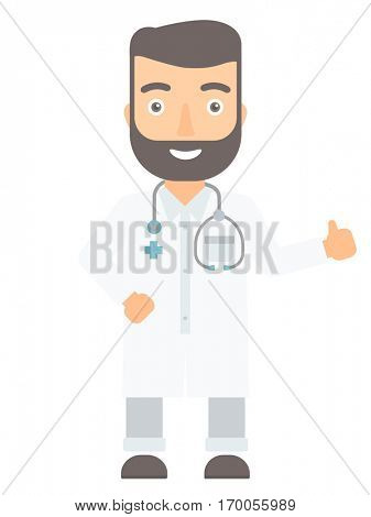 Hipster caucasian doctor with beard giving thumbs up. Happy doctor in medical gown showing thumbs up gesture. Doctor with thumb up gesture. Vector flat design illustration isolated on white background