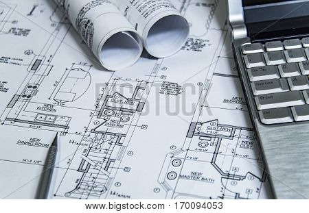 architecture blueprints and home renovation plans on the table and technical pencil. architectural design on paper, construction technical plan, remodel project