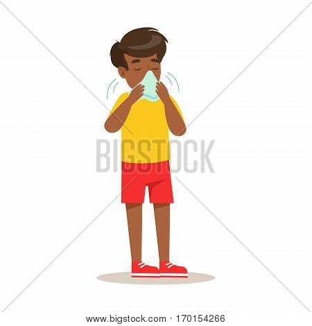 Sick Kid Blowing His Nose Feeling Unwell Suffering From Cold Sickness Needing Healthcare Medical Help Cartoon Character. Ill Child With Health Damage Showing The Symptoms Vector Illustrations.