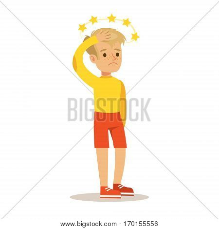 Sick Kid With Concussion And Stars Before Eyes Feeling Unwell Suffering From Injury Needing Healthcare Medical Help Cartoon Character. Ill Child With Health Damage Showing The Symptoms Vector Illustrations.