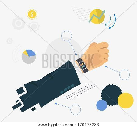 Smart watch on business man hand concept vector illustration with various applications icons. Business items on back-ground. Vector flat design style