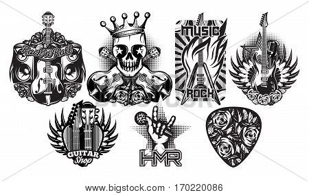 Set of monochrome vector patterns on the theme of rock music rock and roll