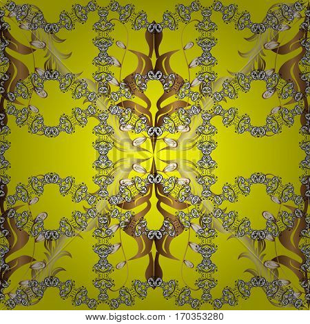 Seamless Vintage Pattern On Yellow Background With Golden Elements. Radial Gradient Shape.