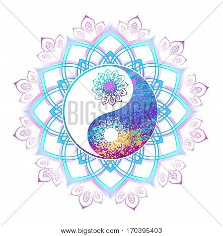 Yin yang symbol painted bright pastel paint a mandala on a white background. Yin yang symbol. Oriental pattern. Boho Style.