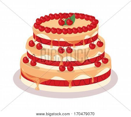 Delicious cake. Festive cake web banner. Chocolate cake bakery isolated design flat. Birthday cake, dessert and cookies, sweet confectionery, delicious cream, tasty pastry cake. Vector illustration