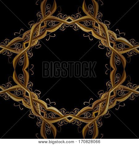 Seamless Vintage Pattern On Black Background With Golden Elements.