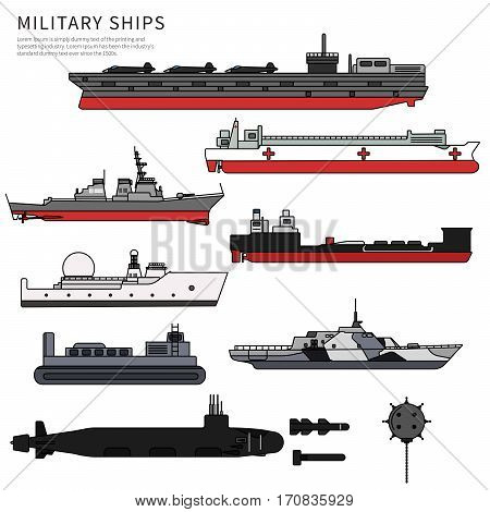 Military ships, navy ammunition, submarine, warship and battleship, float and cruiser, gunboat, trawler, frigate and ferry. War concept isolated on white background. Line flat design