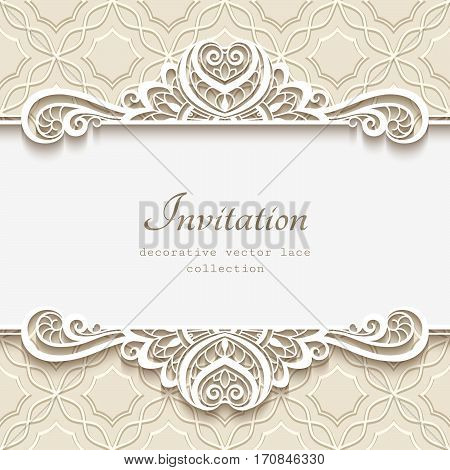 Vintage frame with lace border pattern, cutout paper vignette, flourish decoration for greeting card or wedding invitation