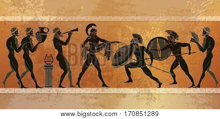 Ancient Greece scene. Black figure pottery. Ancient Greek mythology. Ancient warriors Sparta people gods. Classical style