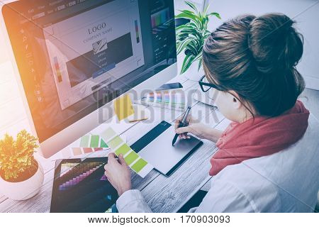 designer graphic skill artist sketch design print atwork studio creative busy table vision creativity working desk creativ concept - stock image