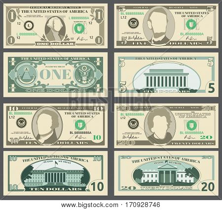 Dollar banknotes, us currency money bills vector set. Templates of banknotes, illustration of american banknotes pattern