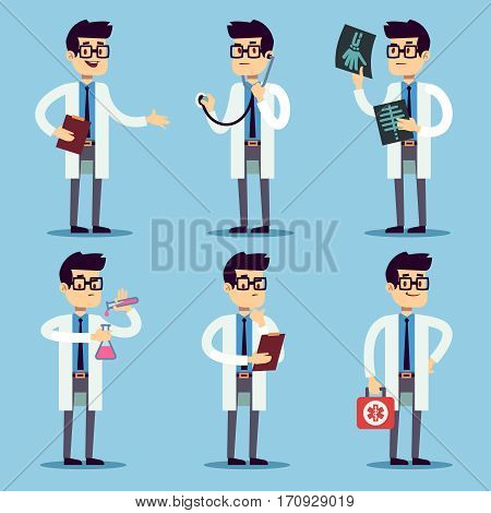 Doctor, chemist, pharmacist, surgeon man cartoon characters vector set. Doctor with stethoscope and X-ray, dentist doctor in white illustration