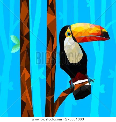 Low Poly Colorful Toucan Bird With Tree On Back Ground, Birds On The Branches ,animal Geometric Conc