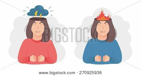 Inside Woman’s Head Concept. Anger Aggression Metaphor. Thunderstorm, Dark Cloud And Lightning Or Bu