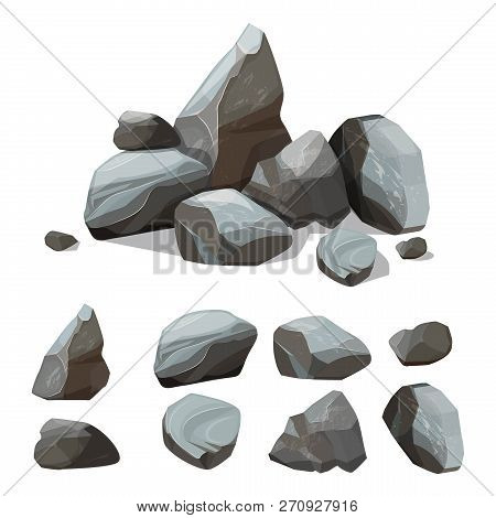 Cartoon Mountain Stones. Rocky Big Wall From Gravels And Boulders Vector Creation Kit With Various C