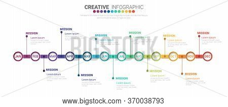 Timeline For 1 Year, 12 Months, Infographics Month Planner Design Vector 12 Steps And Presentation B