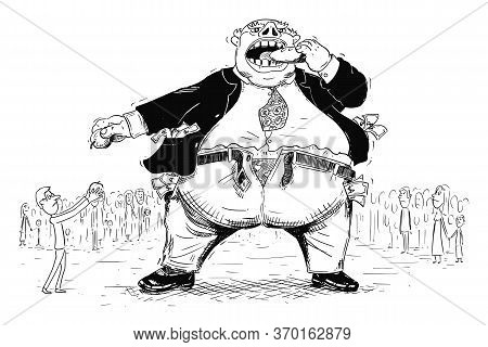 Vector Cartoon Drawing Conceptual Illustration Of Fat Rich Man, Businessman Or Capitalist In Suit An