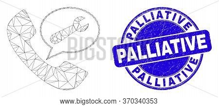 Web Mesh Phone Service Message Icon And Palliative Seal Stamp. Blue Vector Round Distress Stamp With