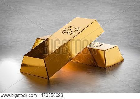 Gold. Price Gold On Stock Exchanges. Two Gold Bars Or Bullion On Grey Metal Background. Financial, G