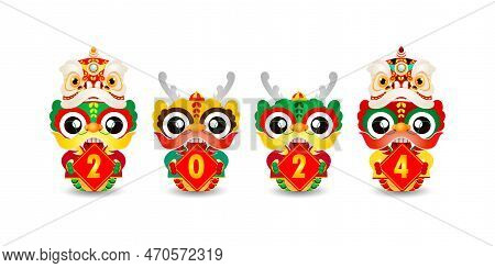 Happy Chinese New Year With Group Little Dragon Holding Sign 2024 , Gong Xi Fa Cai, The Year Of The 