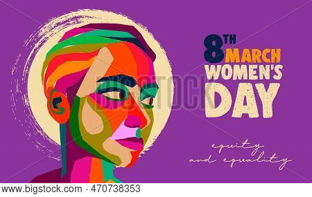 International Womens Day Greeting Card Template In Purple Background With Young Woman Face In Colorf