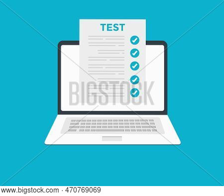 Online Exam, Checklist And Online Testing On Laptop Screen Logo Design. Online Surveys Form On The C