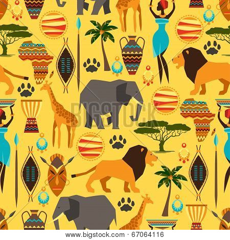 African ethnic seamless pattern with stylized icons.