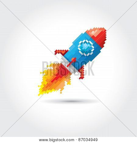 vector flat pixel rocket on white background.