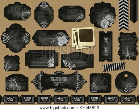 Chalkboard Labels, Frames and Tickets - Set of grunge blackboard labels and frames, with weathered, chalky texture, vintage objects and ephemera, including flowers, branches, butterfly and swirls