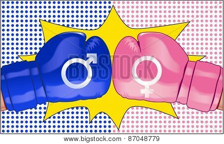 The battle of  sexes represented with two opposing  boxing gloves