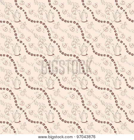 Seamless background pattern with coffee beans and cups. Vector illustration.