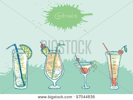 Set of isolated colorful sketch cocktails and drinks. Vector illustration