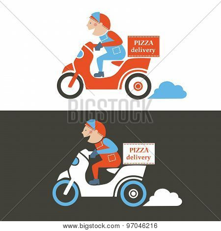 Pizza delivery guy on a scooter. Isolated vector illustration