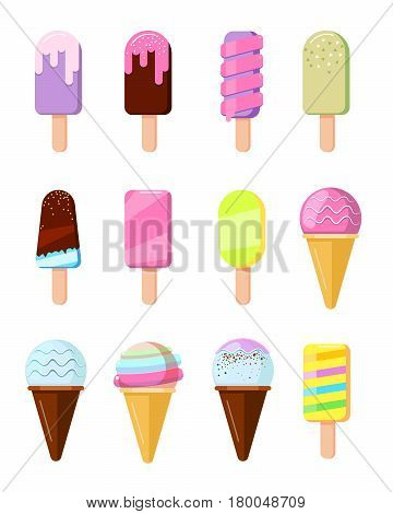 Cartoon ice cream in wafer cone set ice lolly vector collection isolated on white background